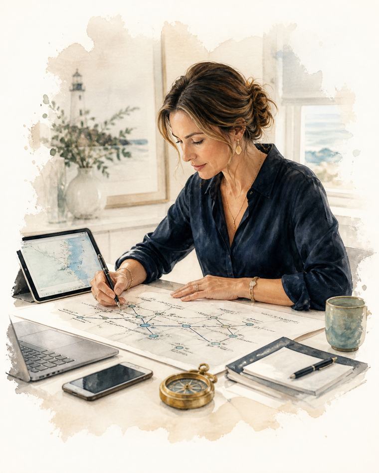 La Far watercolour: a woman drawing a map of routes, next to a compass and a laptop.