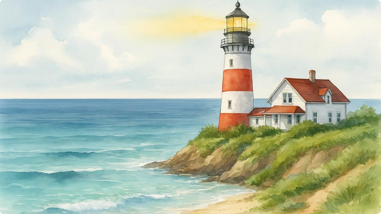 Watercolour: a red-striped lighthouse on a cliff above the sea.